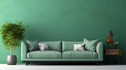 The living room features a green wall and a green sofa in a 3d rendering