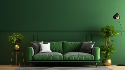 The living room features a green wall and a green sofa in a 3d rendering