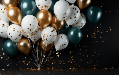 Bunch of white, gold, and turtoise color balloons for birthday celebration decor.
