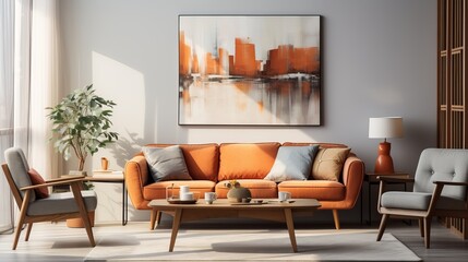 The living room is decorated in a mid-century style with warm colors.