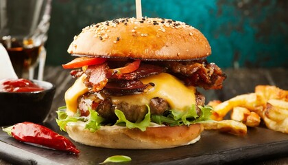big juicy burger with bacon and melted pepper jack cheese