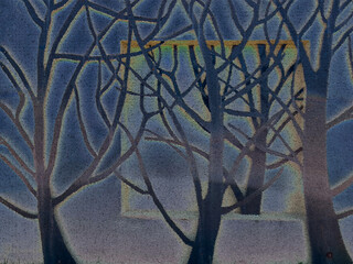 on the street, trees made of metal and stylized in the photo