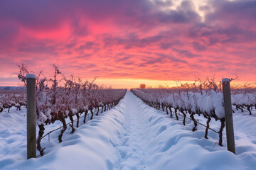Snow-covered vineyard rows at sunset with vivid pink and purple sky