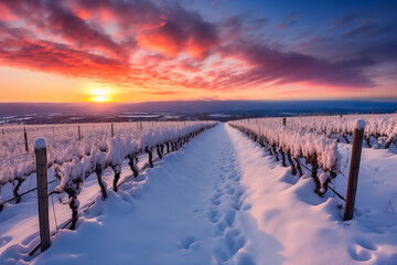 Snow-covered vineyard rows at sunset with vivid pink and purple sky