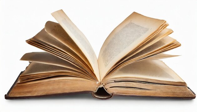 an old vintage open book from the side view on white background