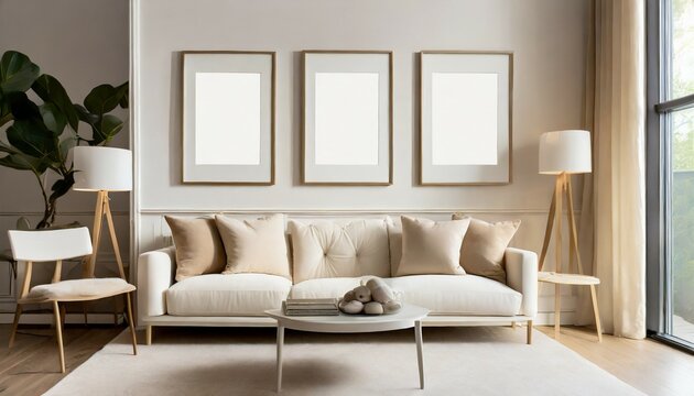 three empty vertical picture frames in a modern living room with white sofa and beige pillows wall art mockup