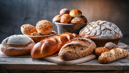 assorted bakery products including loafs of bread and rolls