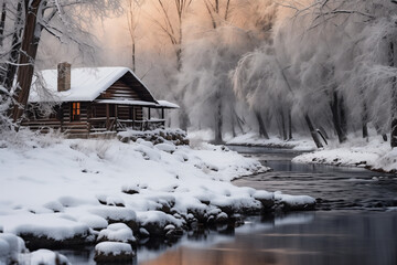 Log cabin by a frozen river surrounded by snow-covered trees in a winter landscape.