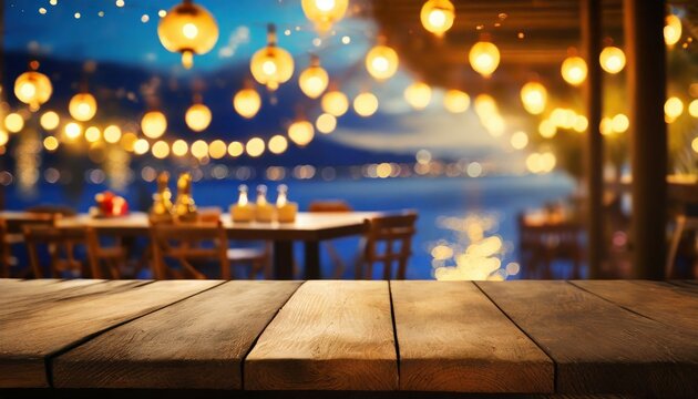 Image Of Wooden Table In Front Of Abstract Blurred Restaurant Lights Background