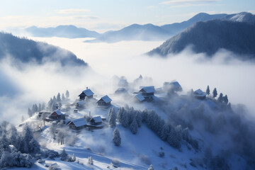 Misty winter morning blankets a quaint village with cozy snow-covered houses.