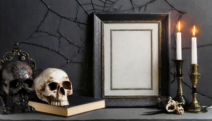dark gothic vertical frame mockup with book and skull