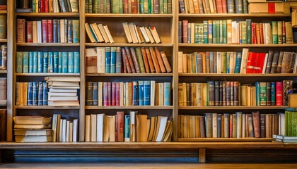 many books on a shelf in a library