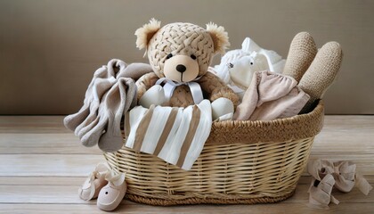 basket with baby stuff and accessories for newborn gift basket with cotton clothes and muslin swaddle blanket baby shoes toys and cute teddy bear in beige colors - obrazy, fototapety, plakaty