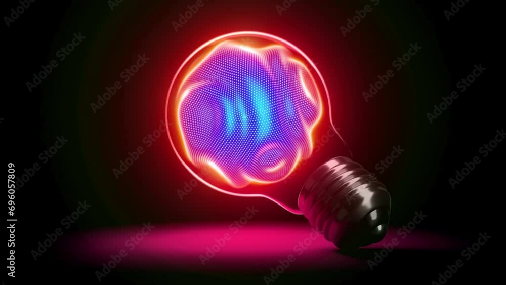 Aufkleber red glow of neon 3d sphere with moving waving pixelated surface inside the light bulb. abstract conc