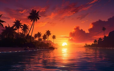 Fototapeta na wymiar Palm Trees and the Tropical Island Sunset Vibe.