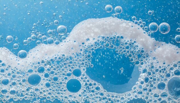 detergent foam bubble on water blue background soap sud