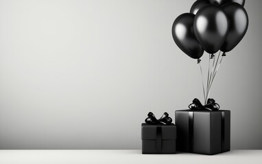 Black gift boxes with helium balloons against grey background with copy space.