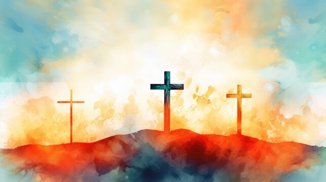 religious Easter background design featuring three white crosses on a watercolor sunrise in red orange and blue.
