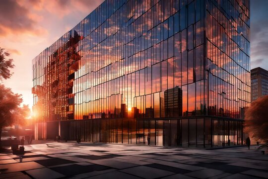 An exclusive office building surrounded by reflective glass panels, capturing the vibrant colors of a sunset and mirroring the urban skyline.