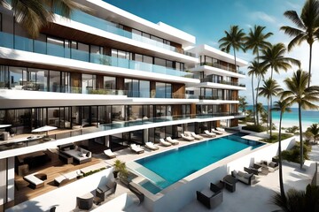 Fototapeta na wymiar A chic apartment complex with contemporary design, featuring private balconies overlooking the pristine white-sand beaches and crystal-clear ocean.