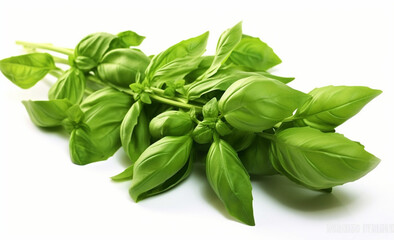 Culinary Elegance: Fresh Basil Leaves on White Background