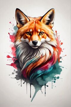 A Vibrant Watercolor Fox Illustration, whimsical depiction of a fox, Fierce and Colorful, Multicolored fox head