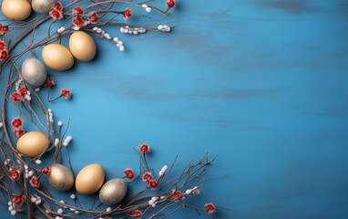 Fototapeta na wymiar Golden easter eggs near branches of tree with flowers on a wooden background