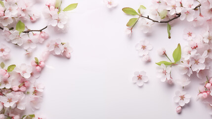 Obraz na płótnie Canvas A delicate composition of cherry blossoms and greenery, Flowers composition, Wedding day, Women’s Day, Flat lay, top view, with copy space