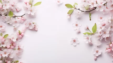 Fotobehang A delicate composition of cherry blossoms and greenery, Flowers composition, Wedding day, Women’s Day, Flat lay, top view, with copy space © Катерина Євтехова