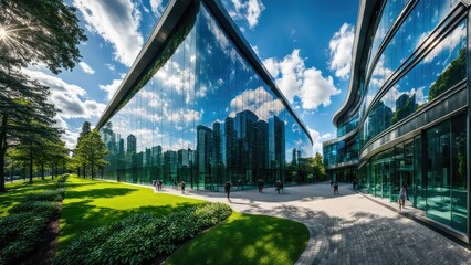 Glass building, Reflection of the sky and clouds in the facade of the building - obrazy, fototapety, plakaty