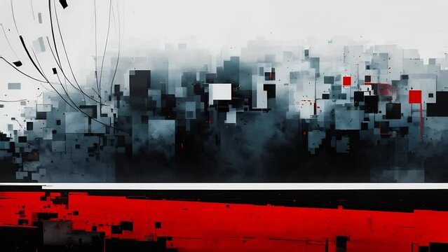 Abstract video with pixel art elements, simulating a city landscape with faults, in black and red tones