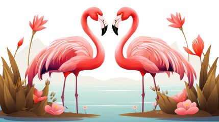 Two beautiful flamingos on the lake look at each other in the shape of a heart. AI generated.