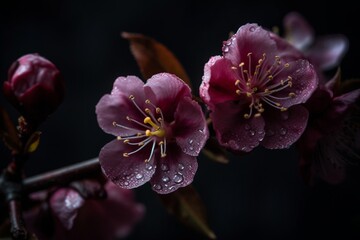 A close-up of plum blossoms against a dark background, emphasizing the intricate details and the play of light on the petals.