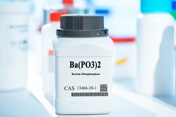 Ba(PO3)2 barium metaphosphate CAS 13466-20-1 chemical substance in white plastic laboratory...