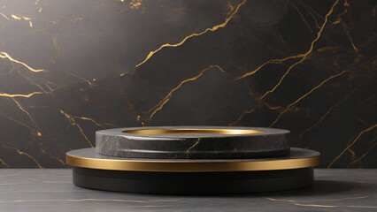 black gold marble podium for product presentation. Luxury background. 3d render