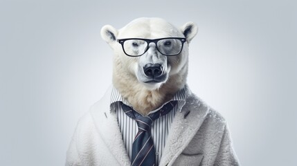Fashion a sophisticated polar bear with spectacles, posed against a pristine white backdrop