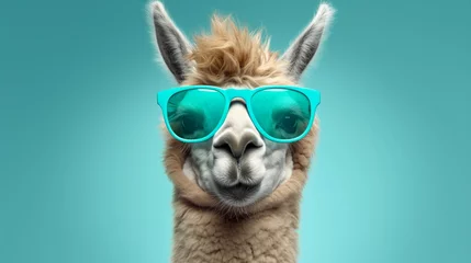 Foto op Canvas Generate a suave llama donning stylish glasses, captured in high-definition against a plush teal background © IzhaanXcreations07