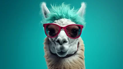 Foto op Plexiglas Generate a suave llama donning stylish glasses, captured in high-definition against a plush teal background © IzhaanXcreations07