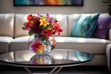 A close-up perspective of a glass vase filled with a burst of colorful flowers on a round coffee table, creating a vibrant focal point near a stylish white sofa. 