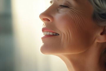 Skin Care, Senior Woman smiling, Home Cosmetics, Elderly Age, Cosmetic Procedures. Close-up, half...