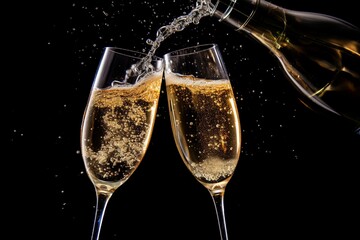 A close-up shot of two clinking champagne glasses, bubbles rising to the surface in a joyous New Year's toast.