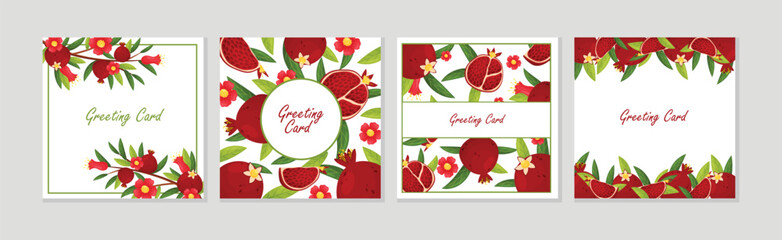 Red Pomegranate Greeting Card Vector Template Set