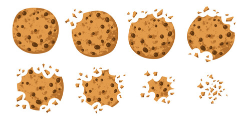 Cartoon crunchy cookies. Bitten tasty biscuits with chocolate drops, traditional american sweets snack, pastry crumbs and pieces, vector set.eps