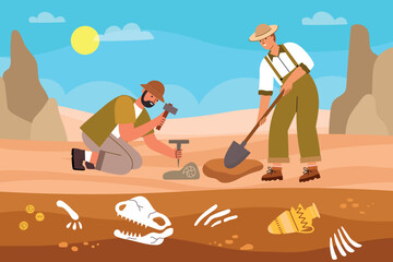 Obraz premium Archaeological excavations process. Scientists are looking for historical values, men with tools dig up dinosaur bones, vector illustration.eps