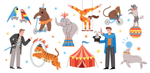 Naklejka premium Cute trained circus animals. Actors in costumes, entertainment performance elements, tiger jumps through ring, colorful tent, vector set.eps
