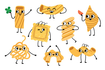 Cute pasta characters. Cartoon smiling ravioli, spaghetti, spirals, italian cuisine food, funny noodles products, happy faces, vector set.eps