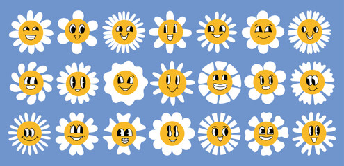 Daisy flowers positive muzzles. Cute chamomile inflorescences with cartoon faces, happy smiling plants, different shapes flora, vector set.eps - obrazy, fototapety, plakaty
