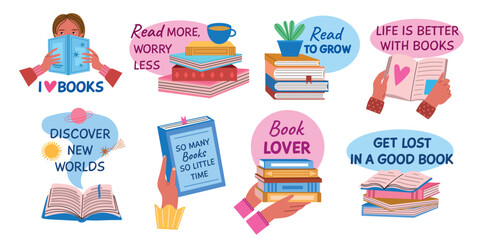 Cute motivational books labels. Reading stickers with cute texts, cartoon stacks of literary volumes, cute readers, hands, vector set.eps