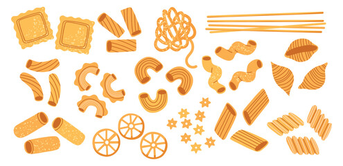 Different types pasta. Cartoon italian fast food, spaghetti, penne, ravioli and tagliatelle, products made of dough for boiling, vector set.eps - obrazy, fototapety, plakaty