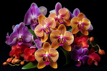 A cluster of delicate orchids, their intricate patterns and vibrant hues forming a captivating display of natural artistry.